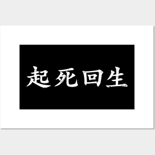 White Kishi Kaisei (Japanese for Wake from Death and Return to Life in distressed white horizontal kanji writing) Posters and Art